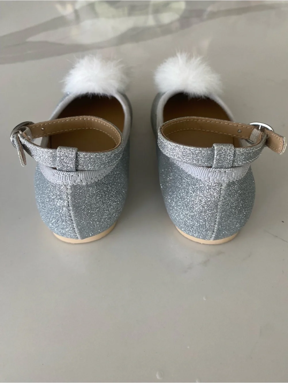 Disney Janie and Jack Frozen Elsa Silver Glitter Pom Ballet Flats Ankle Strap 6